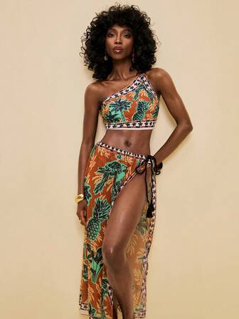 SHEIN Veneréa 女士随机动物纹印花垂褶领口系带性感三件套泳衣，沙滩度假