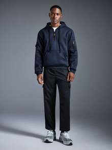 男士休闲连帽半拉链卫衣和工装裤套装，时尚户外套装，适合春夏季节穿着 - 藏蓝色 - 查看 3