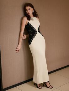 MOTF PREMIUM 修身蕾丝撞色长连衣裙，秋冬季 - 杏色 - 查看 5