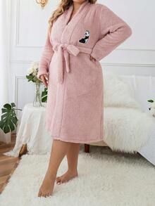 Plus Cartoon Embroidery Belted Teddy Robe , Cozy And Elegant Details, For Fall Winter Outfit, Fluffy