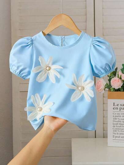 Elladie kids Blusa de manga abullonada con decoración floral 3D elegante para niña, verano