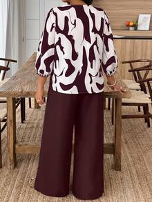 Weeklong 女士加大码V领灯笼袖衬衫搭配阔腿裤休闲套装，适合日常、派对、度假等场合。 - 彩色 - 查看 2