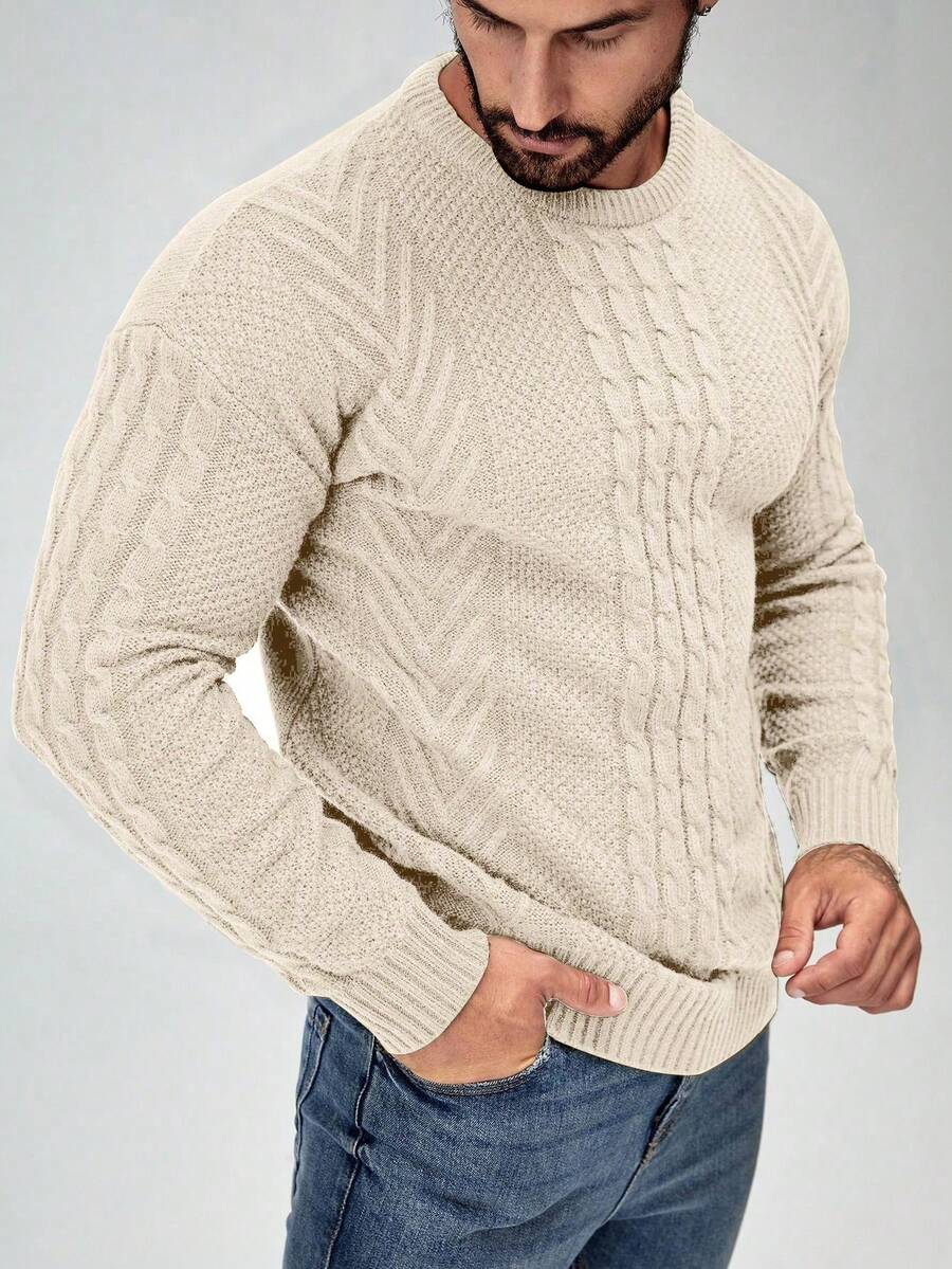 Manfinity Mode Men's Solid Color Crew Neck Cable Casual Versatile Long Sleeve Pullover Sweater Jumper For Men Knit Wear Men - Apricot - View 1