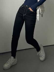 DAZY 女士撞色拼接修身牛仔裤 - 黑色 - 查看 7