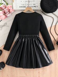 Tween Girls Ribbed Long Sleeve Top Paired With Bow Decor Slit Hem Black PU Leather Skirt, Autumn/Winter T-Shirt Set - Black - View 2