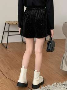 Falda corta shorts skort de terciopelo brillante para niñas con un bonito lazo decorativo y falda de fiesta brillante. - Negro - Ver 2