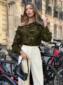 Pariaura Women's Autumn/Winter Oblique Shoulder Black Fuzzy Cutout Blouse, Casual Party Top - Army Green - View 3