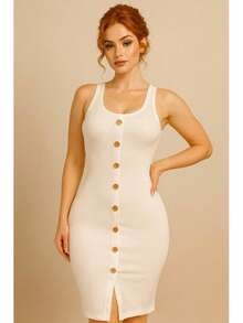 Vestido Sexy Dama Premium Vestido Entallado Vestido Botones Frontales Abertura Elegante Vestido Tirantes Vestido Ajustable Vestido Con Botones - blanco - Ver 5