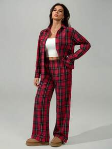 SHEIN Tall Bộ đồ hai mảnh họa tiết kẻ caro đỏ dành cho nữ, thoải mái và giản dị, phong cách Giáng sinh thu đông, thích hợp cho các bữa tiệc và tụ họp, người mua rất vui khi được ăn mừng - Đỏ - Xem 5