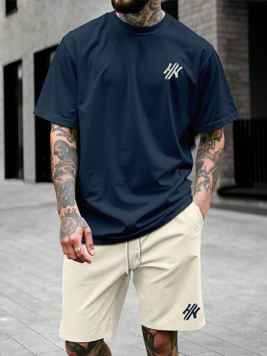 Manfinity Homme 2 件男士字母印花圆领短袖 T 恤和抽绳腰袋短裤套装 - 彩色 - 查看 1