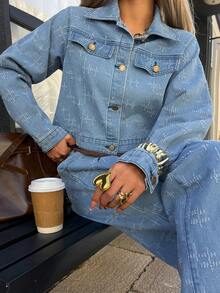 DAZY Women's Pleated Fashion Loose Straight Denim Jacket And Pants Set Y2k - Blue - View 5