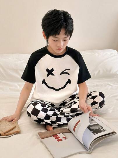 2pcs Tween Boy Casual Round Neck Face Print Short Sleeve T-Shirt & Plaid Pants Pajama Set Boy Casual Sets Men Pajama