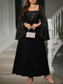 SHEIN Clasi Curvy Plus-Size Women's Black Elegant Formal Evening Dress,Autumn Shimmering Chiffon Square Neck Open Sleeve Pleated Hem Fitted Waist Party Ball Gown - Black - View 9