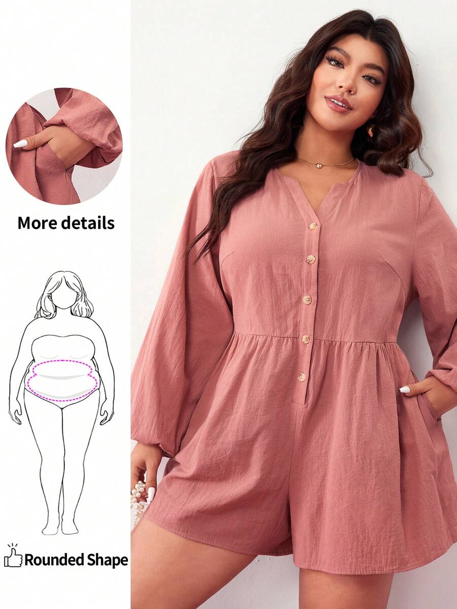 Enliva 加大码女士粉色宽松长袖连体裤，带纽扣和口袋细节，情人节，爱，礼物，浪漫，情人节快乐，2026新年，适合苹果型和圆润身材