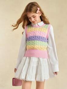 Sparklyn 春秋马卡龙拼色条纹纹理无袖圆领可叠穿毛衣背心女童款，常规厚度，适合日常休闲、上学、户外、聚会场合 - 彩色 - 查看 4