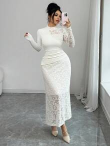 Modelyn 女士不对称拼接提花针织高领连衣裙，秋冬款 - 杏色 - 查看 5