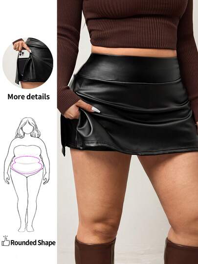 Enliva Plus Size Women Solid Color PU Leather Skort Skirt With Shorts Underneath Leather Shorts, For Apple Rounded Body Shape