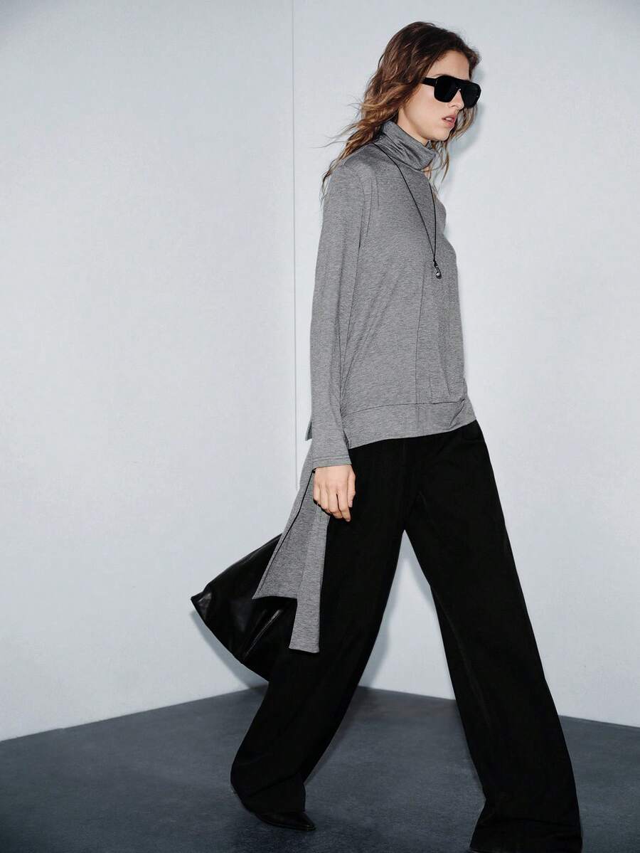 Lumivelle 女士优雅高领开衩下摆蝴蝶结装饰长袖T恤，适合日常穿着和通勤。 - 深灰色 - 查看 1