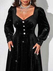 Viva Relle Plus Size Women's Elegant Romantic Party Dress, V-Neck Long Sleeve Velvet Sequin Embellished Fit & Flare Maxi Dress For New Year, Christmas, Holiday Ball, Red - Black - View 6