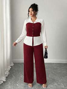 Elenzga Ensemble 2 pièces grande taille pour femmes, Top à simple boutonnage à manches longues et pantalon, tenue décontractée - Rouge - Voir 3