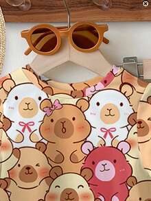 2pcs/Set Young Girl Cute Capybara Cartoon Animal Print Raspberry Red Crew Neck Short Sleeve Top And Flare Pants Outfit,Summer,Family Matching Clothes - Multicolor - View 4