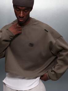 PLAYBOY X SUMWON Crop Fit Collaboration Crew Neck Pullover Sweatshirt With Chest Logo And Back Graphic Print Boxy Fit Long Sleeve - Khaki - View 5