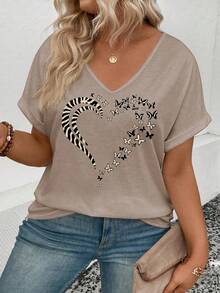 EMERY ROSE Áo thun nữ cổ chữ V tay ngắn size lớn bán chạy nhất mùa xuân/hè mới có họa tiết bướm và trái tim - Màu Khaki - Xem 5