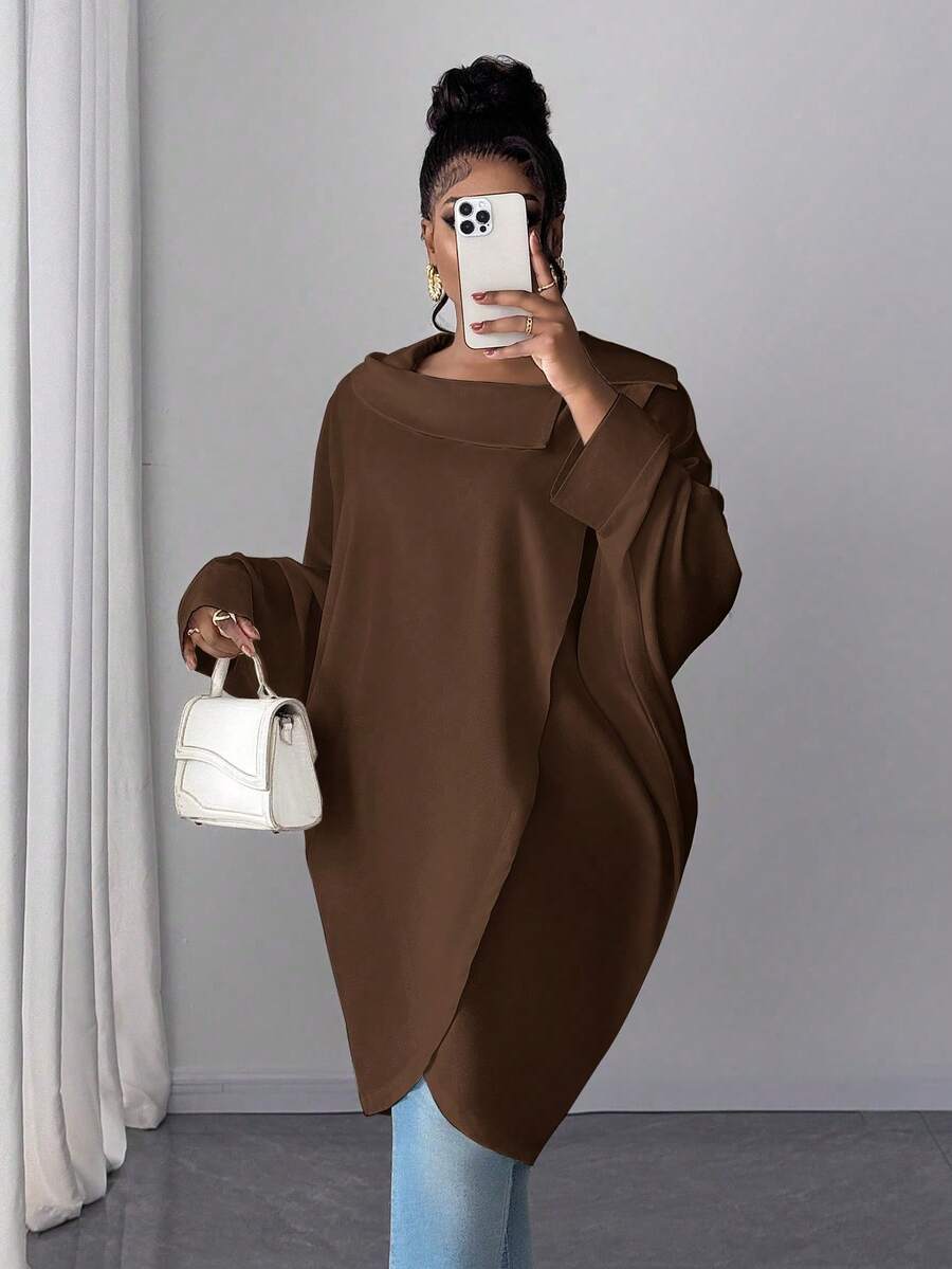 Maweii 大码女式纯色蝙蝠袖不对称下摆宽松休闲衬衫 - 棕色 - 查看 1