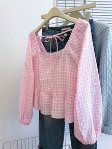 SHEIN Áo cánh rộng tay phồng kẻ caro cổ vuông tay đèn lồng cho nữ cỡ lớn - Màu Hồng baby - Xem 2