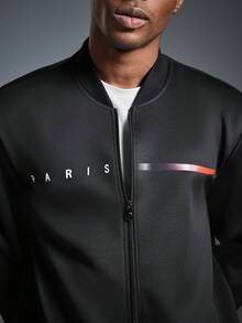 Driftmere 男士巴黎字母图形和彩色条纹印花飞行员夹克，配有松紧腰慢跑裤 2 件套，适合春秋季休闲户外日常穿着 - 黑色 - 查看 8