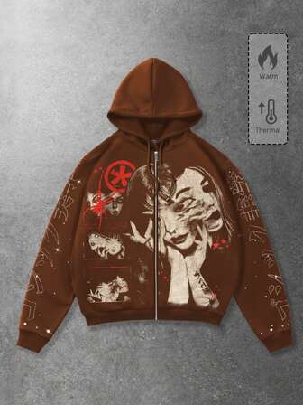 Anime Sudadera casual y de moda para hombre con estampado japonés de personaje de terror, con cremallera, cordón, forro térmico, cálida para otoño/invierno