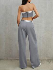 Chiquease Áo Bandeau và Quần ống rộng xếp ly thời trang đa năng cho tiệc tùng nghỉ dưỡng của phụ nữ - Xám - Xem 2
