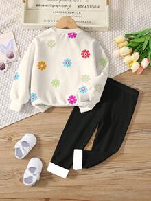 SHEIN Leap Crew 2 件套青少年女孩休闲花卉印花圆领长袖运动衫和紧身裤套装，适合秋冬季 - 彩色 - 查看 3