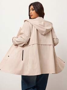 Enliva 大码女式纯色长袖单排扣休闲连帽风衣，休闲简约风格，适合日常穿着、外出，女式连帽长款风衣，女式连帽风衣，女式秋季服装 - 卡其色 - 查看 2