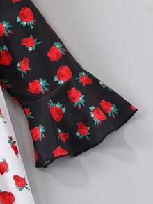 رمضان رداء بياقة على شكل حرف V مع طباعة زهرية مرقعة، وحزام شراشيب ملون، وأكمام ثلاثة أرباع للبنات