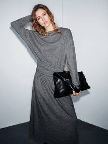 Lumivelle 女士优雅灰色宽松圆领长袖连衣裙，松紧腰身，A字中长裙摆，宽松袖子，常规长度，休闲日常穿着，基础圆领设计，适合日常通勤和休闲场合 - 深灰色 - 查看 7