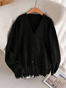 SHEIN Cosyjoi 大码优雅法式休闲流苏开衫，厚实高品质简约针织毛衣外套，女士秋冬款 - 黑色 - 查看 6