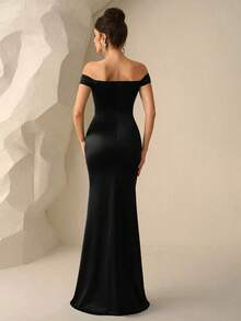 Coutiva 女士纯色露肩扭结设计亮片拼接美人鱼裙摆正式晚礼服 - 黑色 - 查看 2