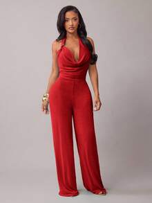 Radiana Women's Sexy & Elegant Red Plunging Neck Jumpsuit, Suitable For Dates, Gatherings, Parties, Nightclubs, Carnivals, Valentine's Day,Spring To Summer, - Red - View 6