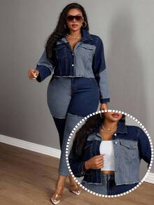 Slaydiva Plus Size Women Cowgirl Blue Denim Patchwork Elastic Short Jacket, Rodeo - Dark Wash - View 4