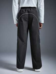 Driftmere 男士 1 件舒适松紧腰抽绳休闲直筒宽松阔腿裤，运动撞色，秋季 - 深灰色 - 查看 2