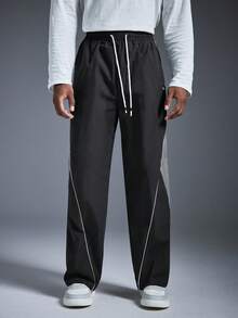Driftmere 男士 1 件舒适松紧腰抽绳休闲直筒宽松阔腿裤，运动撞色，秋季 - 深灰色 - 查看 3
