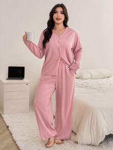 Dazy Plus Fashionable & Elegant Loose V-Neck Long Sleeve Top & Pants Plus Size Women Pajama Set, Pink - Pink - View 6