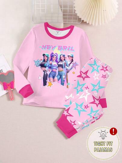 2pcs/Set Toddler Girls Cartoon Girl Print Crew Neck Top And Colorful Star Print Leggings, Pink And Fuchsia Contrast Design, Cute And Cool Style, Knit Stretchy Fabric, Long Sleeve Top And Pants Pajama Set