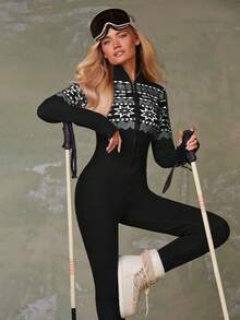 Athîral Women's Casual Geometric Pattern Zip-Up Fitted Jumpsuit, Autumn/Winter