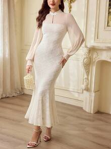 Vintamour Váy nữ cổ điển thanh lịch, mùa thu/đông, dáng ôm, kiểu dáng Trung Hoa mới, cổ áo cài nút, váy ôm sát tay dài màu mơ - Màu be - Xem 4