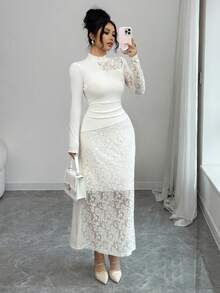 Modelyn 女士不对称拼接提花针织高领连衣裙，秋冬款 - 杏色 - 查看 6