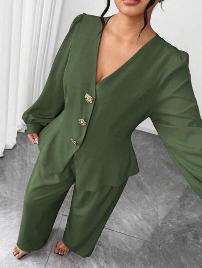Elenzga Plus Size Elegant Women's V-Neck Sleeveless A-Line Rose Gold Metal Button Decor Waist Cinched Long Shirt And Pants 2-Piece Set, Suitable For Back To School, Graduation, Valentine's Day, Music Festival, Mother's Day, Halloween, Thanksgiving, Easter, National Day, Gala, Date Party, Wedding Season, Outdoor Trips Woman Suit Green 2 Piece Set Pants Suit Green Suit Women Green Blazer Women