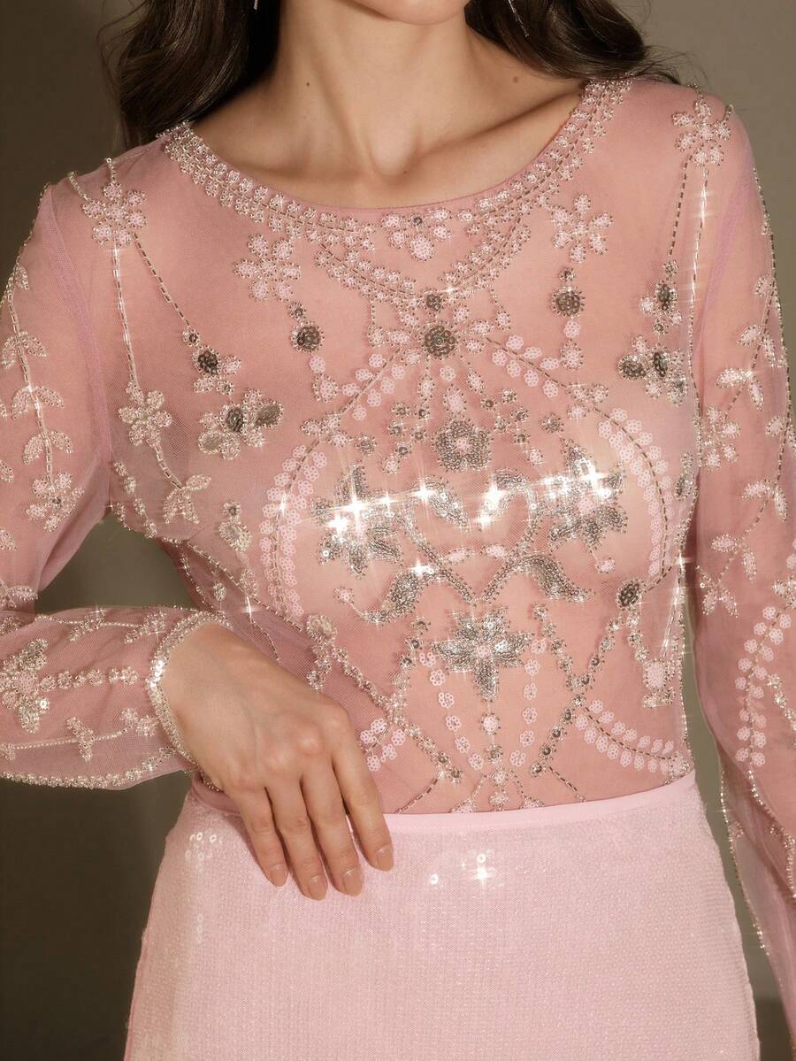 Anewsta Women's Elegant Beaded & Sequin Embellished Long Sleeve Blouse, Suitable For Beach, Party And Holiday Occasions, Pink - Pink - View 1