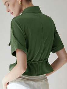 Aveloria Modichic Cămașă scurtă și la modă, cu două buzunare simetrice la piept, design cu talie strânsă, aspect elegant și practic în general. - Verde - Vizualizare 2